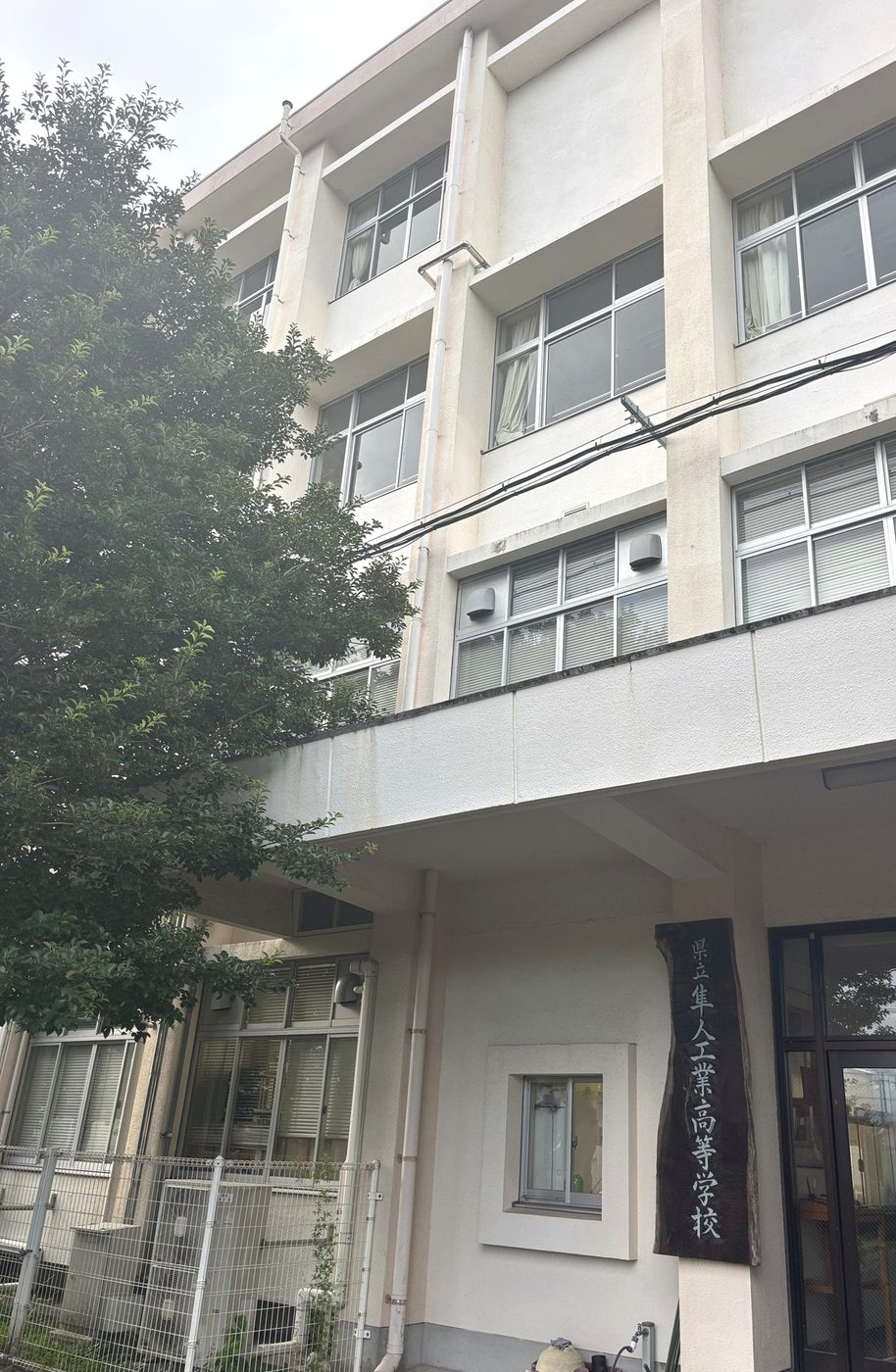 玄関と、木の校名看板